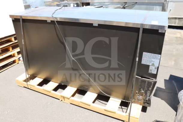 Brand new Avantco UBB-72G-HC 73" black back bar refrigerator, glass door, LED lighting, slight dents, 115V, 3.5A, on pallet.