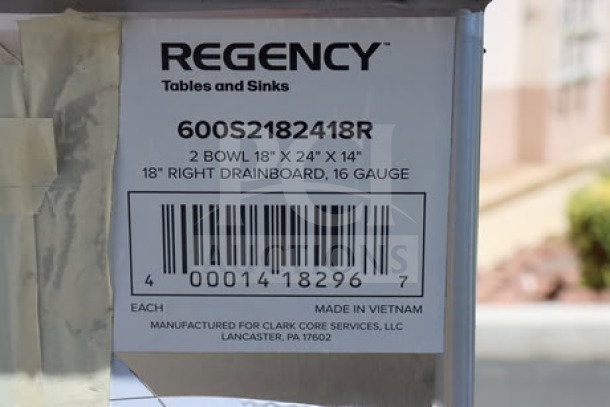 Regency model 600S2182418R label showing specifications for a 2-bowl sink with right drainboard, 16 gauge, made in Vietnam.