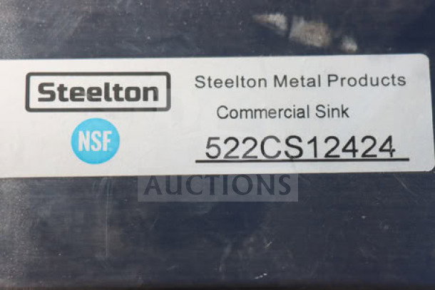 Steelton 522CS12424 commercial sink label displaying brand, model number, and NSF certification.