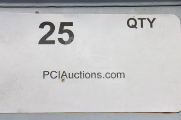 Alt text: Label on Steelton 522CS12424 sink indicating quantity "25", with PCI Auctions website listed.