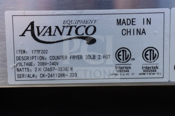 Label for Avantco F202 fryer indicating model, power specifications, ETL certifications, and serial number CK-241108R-233.