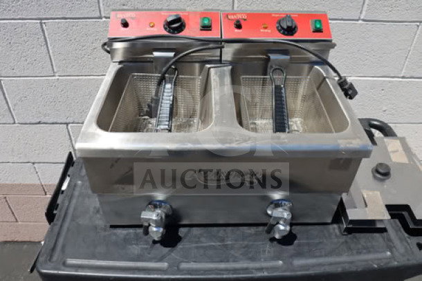 Brand new Avantco F202 electric countertop fryer, 30 lb. dual tank, 208-240V, 5400/7200W, with visible control knobs and baskets.