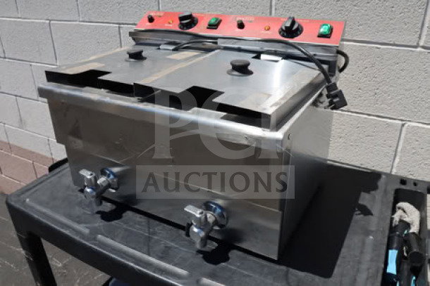 Brand new Avantco F202 dual tank electric countertop fryer, 30 lb capacity, red control panel, 208-240V, 5400/7200W.
