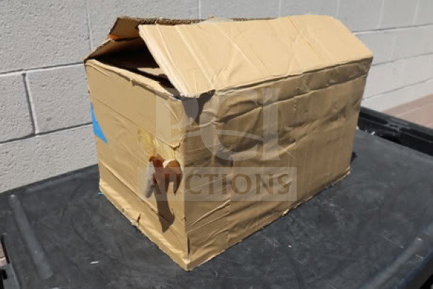 Box containing a brand new Estella 348PSM56MTR 4 hp motor for SM50/SM60 mixers. Box shows visible damage.