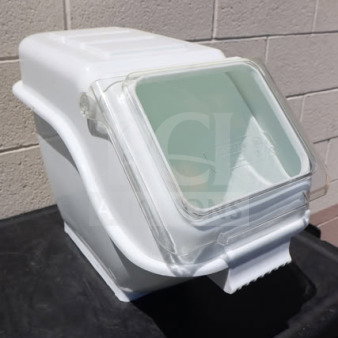Brand new scratch-n-dent Baker's Lane 176IB100 ingredient bin, 6.3 gal capacity, with flip lid, label sheet, and scoop.