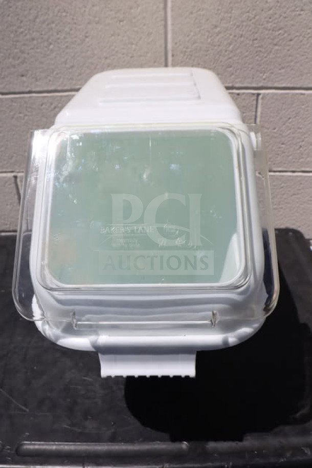 BRAND NEW SCRATCH-N-DENT Baker's Lane 176IB100 6.3 Gallon Ingredient Bin with flip lid, label sheet, and scoop.
