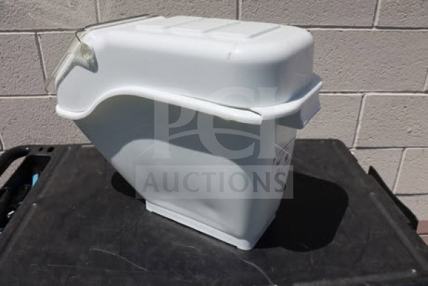 Baker's Lane 176IB100 6.3-gallon ingredient bin with flip lid, label sheet, and scoop; brand new, minor dents visible.