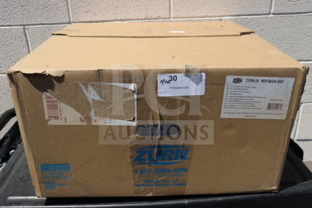 Brand new Zurn Elkay Z1996-24 gray composite mop sink, 24"x24"x10", in original box with labels and model details.
