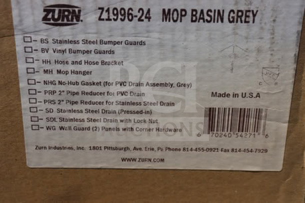 Zurn Elkay Z1996-24 gray composite mop sink, 24"x24"x10", brand new in box, features listed on label. Made in USA.