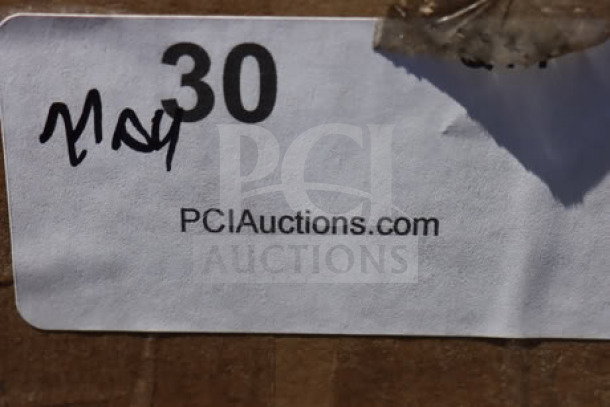 Brand new Zurn Elkay Z1996-24 gray composite mop sink, 24"x24"x10", shown in original box with PCI Auctions label.