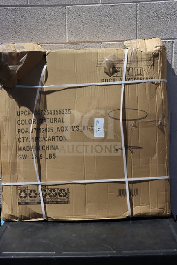 Brand new cocktail table in damaged box. Markings: UPC 847254056335, Color: Natural, Made in China, 35 lbs.