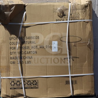 Brand new cocktail table in damaged box. Markings: UPC 847254056335, Color: Natural, Made in China, 35 lbs.