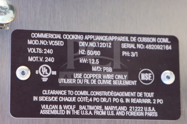 Label on Vulcan VC5ED electric convection oven. Specs: 208V, 3-phase, 12kW. Serial: 482092164. "Use copper wire only."