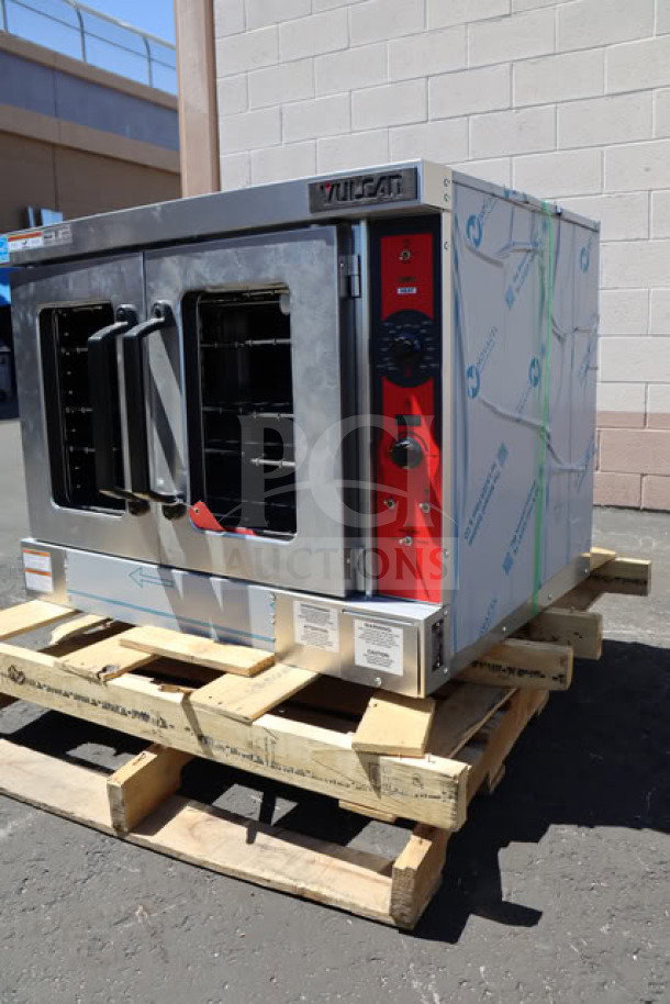 Brand new Vulcan VC5ED single deck electric convection oven, 208V, 12 kW, scratch-n-dent, on pallet, visible control panel.