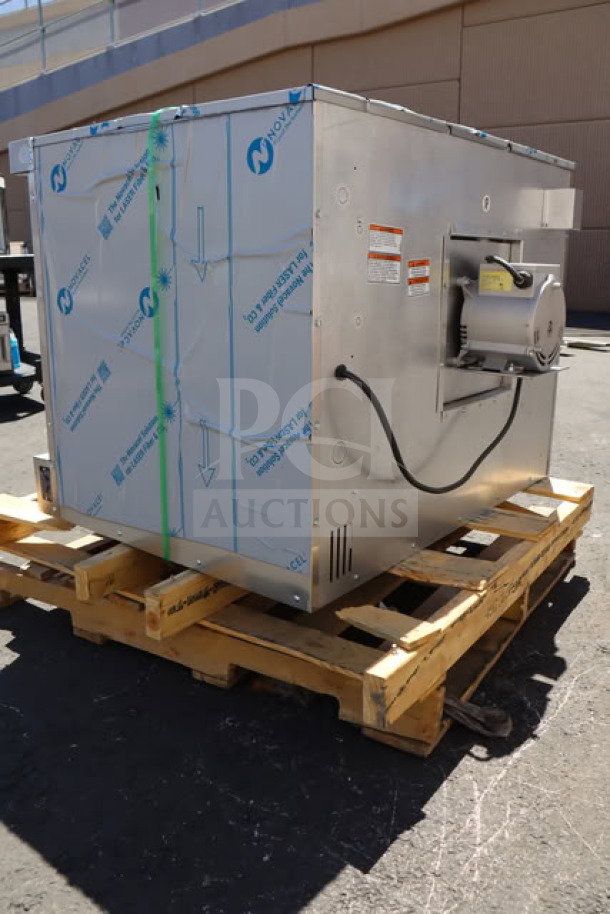 Brand new Vulcan VC5ED single deck electric convection oven, 208V, 12kW, in protective wrap, on a pallet.
