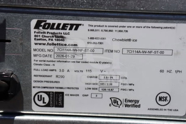 BRAND NEW SCRATCH-N-DENT Follett Champion 7 Series Ice Maker, model 7CI114A-IW-NF-ST-00, 115V, air-cooled, chewblet ice, 7 lb. bin.
