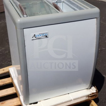 Brand new Avantco DFF6-HCL ice cream freezer; flat top, 26" x 28" x 34", scratch-n-dent, on pallet, model label visible.