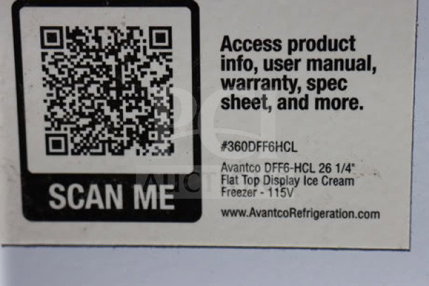 QR code label for Avantco DFF6-HCL ice cream freezer, showing model and spec details.