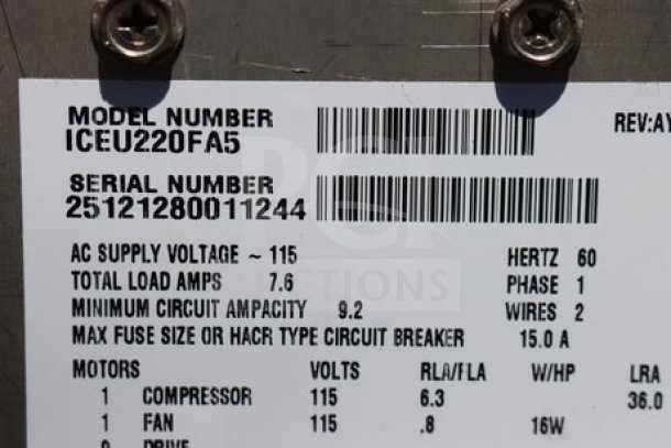 BRAND NEW Ice-O-Matic ICEU220FA ice machine label showing model and serial numbers, voltage, and amperage details.