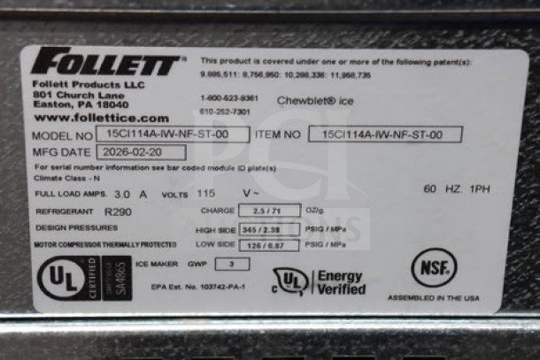 Follett 15CI114A-IW-NF-ST-00 Champion Series ice maker, new condition, 100 lb. capacity, UL and NSF certified, 115V.
