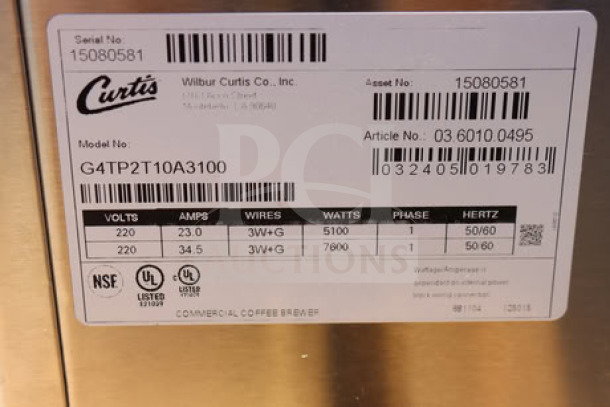Curtis G4TP2T10A3100 coffee brewer label, showing model, serial number 15080581, and specifications for 220V operation.