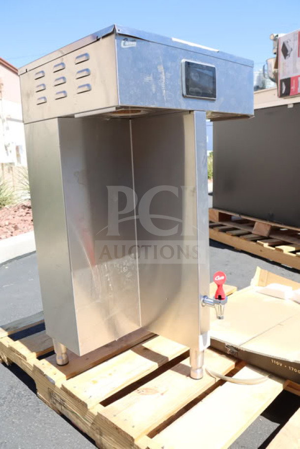 Brand new Curtis G4TP2T10A3100 G4 ThermoPro stainless steel twin coffee brewer, 220V, slight scratches, model tag shown.
