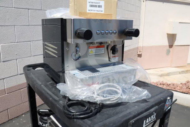 Brand new Estella Caffe ECEM1C espresso machine, compact, automatic, 110V, scratch-n-dent condition, with accessories.