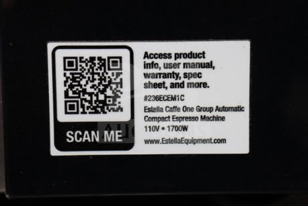 BRAND NEW SCRATCH-N-DENT Estella Caffe ECEM1C espresso machine, 110V, label with QR code for product info and specs.
