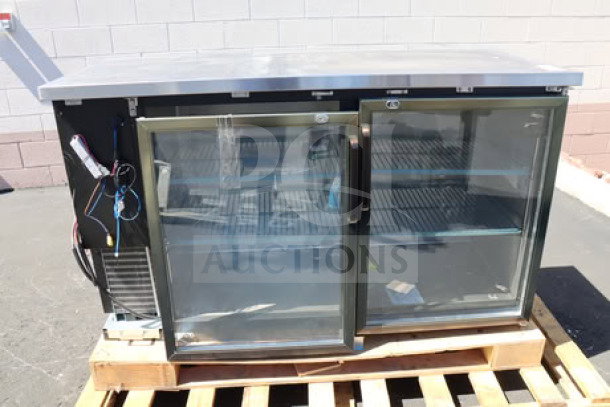 Brand new Avantco UBB-60G-HC back bar refrigerator, 60" black, scratch-n-dent, narrow glass doors, LED lighting, on pallet.
