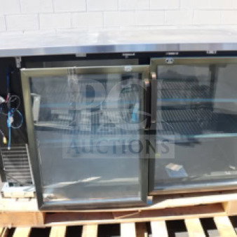 Brand new Avantco UBB-60G-HC back bar refrigerator, 60" black, scratch-n-dent, narrow glass doors, LED lighting, on pallet.