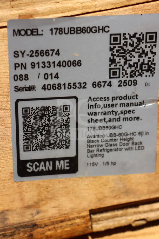 Avantco UBB-60G-HC glass door refrigerator label showing model, serial number 406815532 6674 2509, LED lighting, 115V, 1/5 hp.