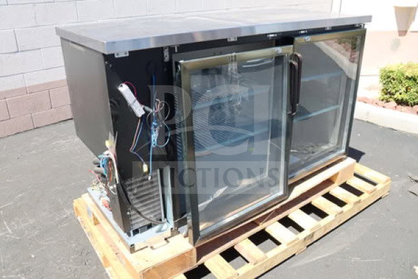 Brand new Avantco UBB-60G-HC back bar refrigerator, 60" wide, black, dual glass doors, LED lighting, slight scratch-n-dent.