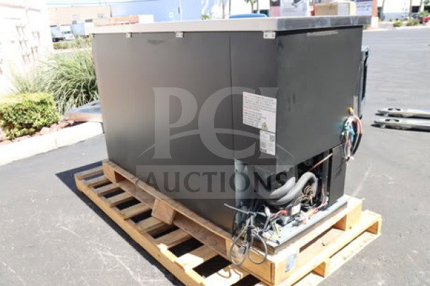 BRAND NEW Avantco UBB-60G-HC back bar refrigerator, black, 60", narrow glass doors, LED lighting, minor dents, on pallet.