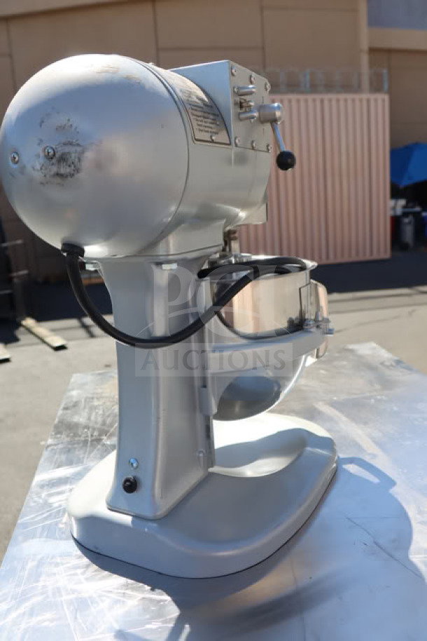 Hobart N50-60 5 Qt. Mixer, 120V, 1/6 hp, brand new scratch-n-dent, bowl lift, serial number visible, silver finish.