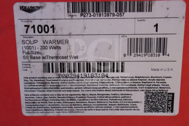 Alt text: "Vollrath 71001 Cayenne Full Size Countertop Warmer, 120V, 700W, stainless steel exterior, serial number P273-01913979-057, box with minor damage."