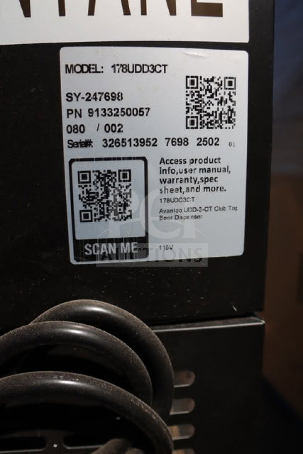 BRAND NEW Avantco UDD-3-CT black kegerator label with model, serial number, and QR code for product access.