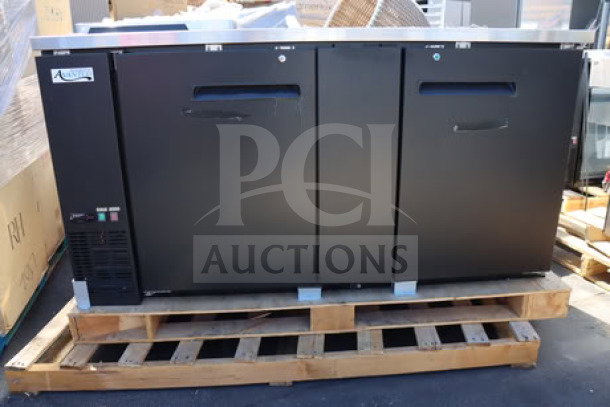 BRAND NEW Avantco UDD-3-CT black kegerator; scratch-n-dent. Double tap tower, club top, holds (3) 1/2 kegs. 115V. Serial #326513952.