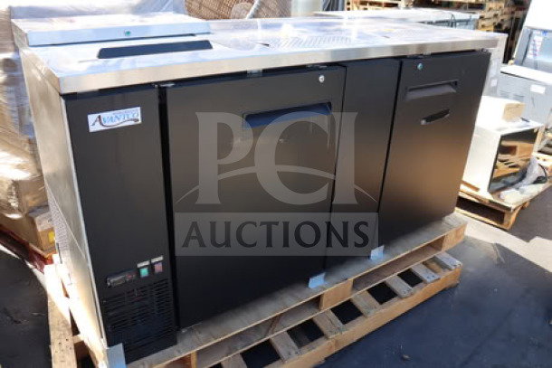 Brand new Avantco UDD-3-CT black kegerator, 3 1/2 keg capacity, double tap towers, club top, minor scratches.