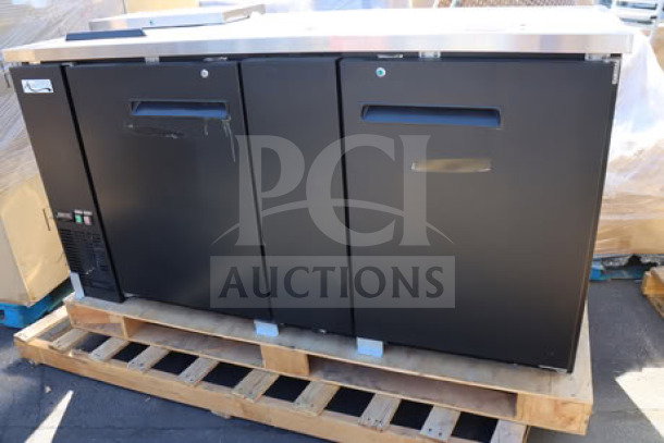 Brand new Avantco UDD-3-CT black kegerator, three 1/2 keg capacity, double tap tower, club top, 69"x27.75"x37.19".
