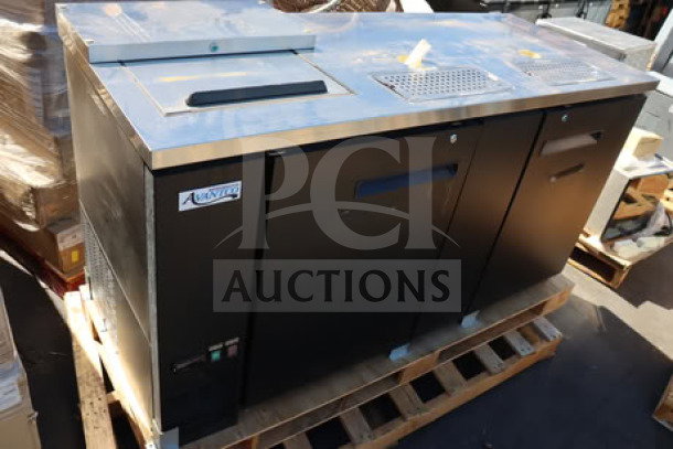 Brand new Avantco UDD-3-CT black kegerator with double tap tower, club top, 3 half-keg capacity, slight cosmetic scratches.