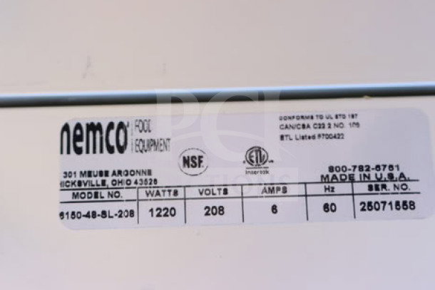 Brand new Nemco 6150-48-SL 48" single infrared strip warmer, 1,220W, 208V, with on/off toggle and lights. S/N: 25071868.