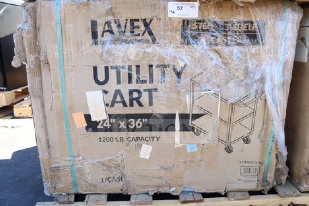 Brand new Lavex 36" x 24" x 35" steel utility cart, model 257FSUC24363, packaging damaged, three shelves, fully welded.