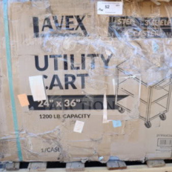 Brand new Lavex 36" x 24" x 35" steel utility cart, model 257FSUC24363, packaging damaged, three shelves, fully welded.