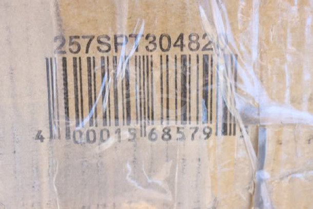 Barcode on box displaying model number 257SPT304820 for Lavex Three Shelf Steel Utility Cart.