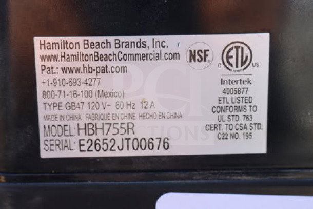 Hamilton Beach HBH755R Eclipse base, 64 oz. high performance blender, 120V, 3 hp, serial E2652JT00676, NSF and ETL certified.