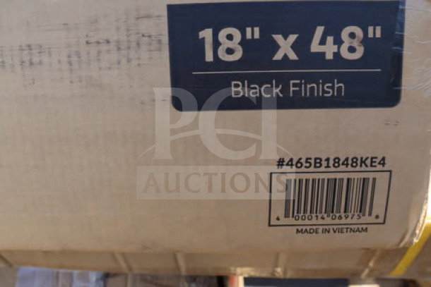 Brand new Steelton 18" x 48" NSF black epoxy 4-shelf kit, model 465B1848KE4, with 72" posts. Soap residue on box.