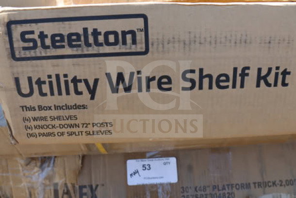 Brand new Steelton 18"x48" NSF black epoxy 4-shelf kit, model 465B1848KE4, with 72" posts. Soap residue on box.