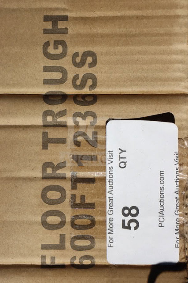 Regency 600FT1236SS stainless steel floor trough, 14-gauge, new in box with visible scratch-n-dent. Model marked on packaging.