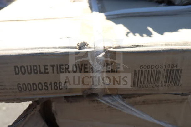 Brand new Regency 600DOS1884 stainless steel double deck overshelf in box; label shows model and barcode.