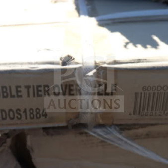 Brand new Regency 600DOS1884 stainless steel double deck overshelf in box; label shows model and barcode.